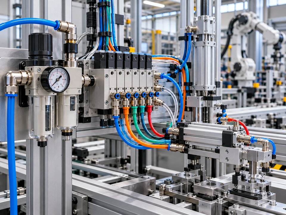 Automated equipment workshop with pneumatic fittings and multicolored plastic tubing.